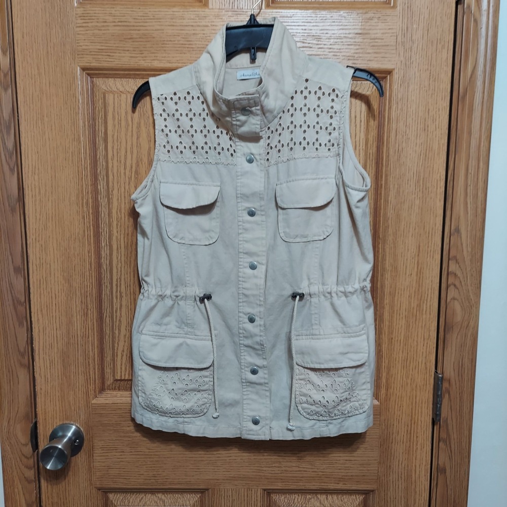 Keren Hart Khaki Cotton Linen Eyelet Snap Front Vest Size Medium
